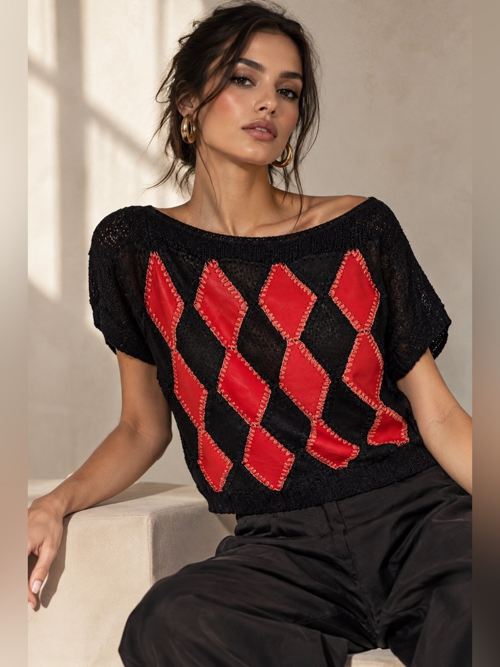 Vintage Black Knit Top with Genuine Leather Red Diamond Detail M/L Statement
